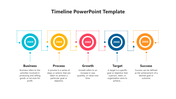 Horizontal timeline featuring five steps with circular elements for business, process, growth, target, and success.