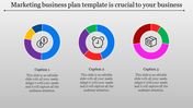 Marketing business plan template featuring colorful circular icons with space for captions.