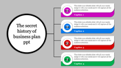 Slide layout featuring a central white circular title with four numbered captions in pink, blue, red, and green rows.