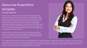 Professional about me PowerPoint template with space for text and a confident woman in a business suit.