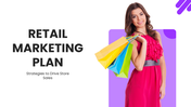 Marketing Plan Template with purple theme, retail shopper image, icons, shapes, text boxes and strategy slides.