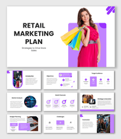 Marketing Plan Template with purple theme, retail shopper image, icons, shapes, text boxes and strategy slides.