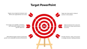 Target Template PowerPoint with red bullseye, six arrows, white background, and goal-focused text holders.