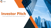Investor Pitch slide featuring a modern cityscape background with a logo placeholder on a white theme.