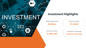 Investment Highlights slide featuring key data points on a white and orange theme with icons.
