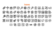Set of business and social media icons in black and white, including symbols and popular platforms like Twitter and LinkedIn.