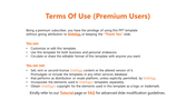 Terms of use for premium users, explaining the benefits like not needing attribution and the ability to share in white theme.