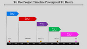 Timeline slide with colored arrows in blue, red, purple, green, and pink, aligned along a horizontal dark line with months.