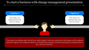 Change management slide showing two hands pointing at a person in red with two blue caption boxes above, on a dark backdrop.