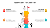 Teamwork slide showing people using a ladder and tools to build a multicolored puzzle tower, surrounded by four captions.
