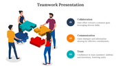Teamwork slide showing four people collaborating on assembling puzzle pieces from collaboration to trust.