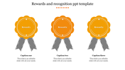 Three orange badges in a row with gray ribbons below, each labeled with captions underneath.