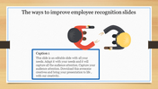 Employee recognition slide showing two characters exchanging awards, with a creative and professional design.