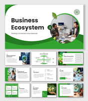 Business Ecosystem PPT with green theme, circular shapes, icons, team images, text boxes and ecosystem concept slides.