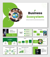 Business ecosystem slides with globe visuals, charts, icons, green shapes, and clean text holders.