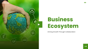 Business Ecosystem PPT with green theme, globe in hand visual, icons, shapes, and clean text layout design.