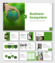 Business Ecosystem PPT with green theme, globe in hand visual, icons, shapes, and clean text layout design.