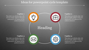 Cycle template with four icons in orange, red, blue, and green, each labeled with captions, on a gray background.