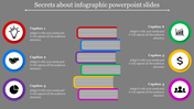 Infographic style slide featuring colorful books stacked vertically, with icons and captions.