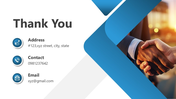 Thank you slide with handshake photo, blue shapes, white background, icons, and text holders for address, phone, and email.