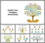 Slide deck showcasing various family tree designs with trees, portraits, and colorful layouts on a white background.