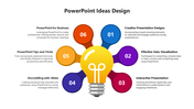 PPT design slide with a lightbulb icon in the center and six surrounding sections, each labeled with a different concept.