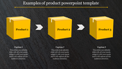 PowerPoint template featuring three yellow product boxes labeled three Product with arrows between them and captions.