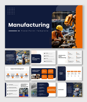 Manufacturing PPT with factory worker, robot arm, blue-orange theme, process slides, icons, charts, and clean layouts.