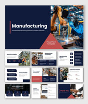 Manufacturing template with navy theme, robot welding visuals, charts, supply chain flow, icons, and clean layouts.