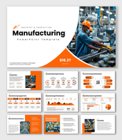 Manufacturing slide with factory worker, machines, charts, orange shapes, icons, and structured text holders.