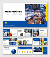 Manufacturing PowerPoint Template with blue yellow color theme, factory images, charts, and industrial slide layouts.