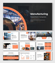 The Manufacturing PowerPoint Template with factory images, production charts, and orange black design shapes.