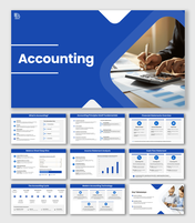 Accounting PowerPoint Templates with blue theme, calculator image, charts, icons, shapes and finance slides.