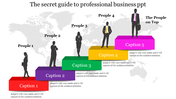 Business slide with ascending steps in red, purple, green, yellow, and pink, showing people silhouettes.