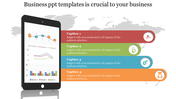 Tablet showing charts with four horizontal banners in red, green, blue, and orange, each with icons and text.