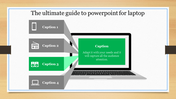 Laptop screen with green caption, connected to four horizontal labels on the left side with gray and one highlighted blocks.