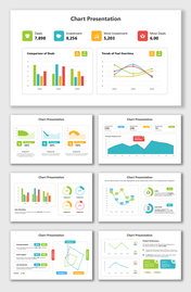 Chart presentation with bar, line, pie, radar charts, colorful icons, text holders, and business data analysis.