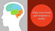 Illustration of a brain with colorful sections inside a head outline, with text on a red circle to the right.
