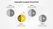 Four-step circular infographic template each with a samll arrow and one step highlighted in yellow. 