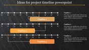 Project timeline template with placeholders for dates, captions, and descriptive text placed in a dark background.