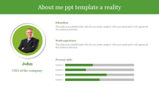 About me PowerPoint template featuring a CEO's photo, with sections for education, work experience, and personal skills.