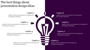 Presentation design ideas slide with a central light bulb icon surrounded by numbered captions on a split background.