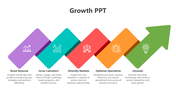 Growth PPT with multicolor diamond shapes, icons, text holders, and a big green arrow showing progress.