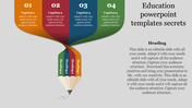 Education PowerPoint template with a pencil graphic leading to four colored sections labeled with captions.
