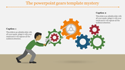 Template featuring a man turning gears with a vibrant, multi colored gear design with captions.