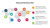Business plan slide for network growth, showing strategies and services on a world map with colorful icons.