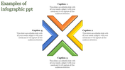 Infographic slide with four angled arrows pointing inward in blue, green, yellow, and orange, with text captions around.