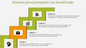 Business Plan PowerPoint template featuring four captions with corresponding icons a mind, target, briefcase, and chart.
