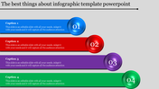 Infographic PowerPoint slide with numbered sections in blue, red, purple, and green, each with captions.