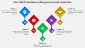 Business plan slide with five colorful diamonds in blue, red, green, purple, and yellow, numbered 01 to 05 with icons.